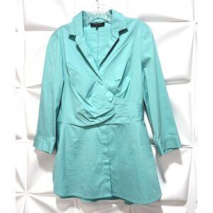 Lafayette 148 Sz 6 Blue-Green Stretch Poplin Ruched Pleat Tunic Shirt s Women